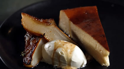 Basque Cheesecake with PX cream and wood roasted pears